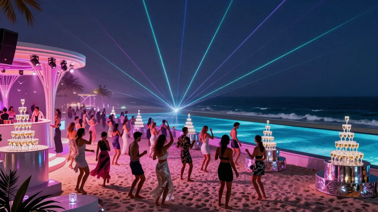 Vibrant beach nightclub with people dancing on sand under neon lights and laser beams.