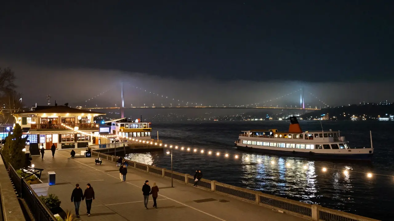 Waterfront scene in Ortaköy with string lights, boats on the Bosphorus, and a glowing rooftop bar.