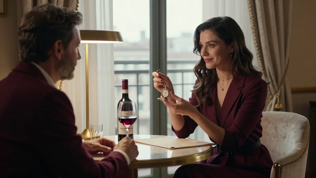 A client and escort share a quiet moment in a luxury hotel suite, engaged in thoughtful conversation.