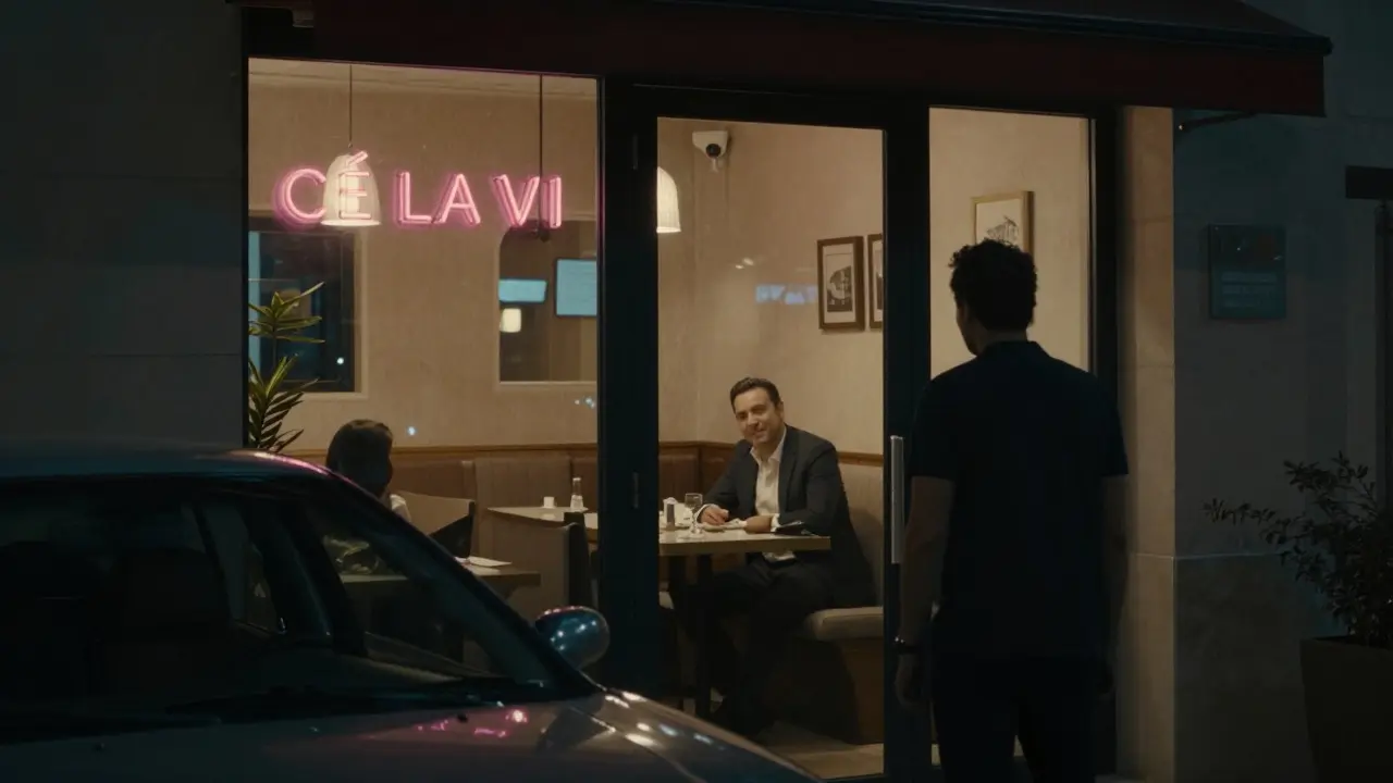 A client hesitating outside a high-end Dubai restaurant where a companion waits inside.