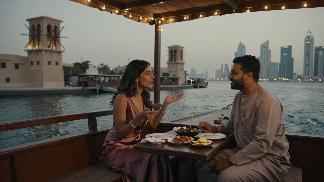 A couple enjoying a dinner cruise along Dubai Creek under string lights at twilight.