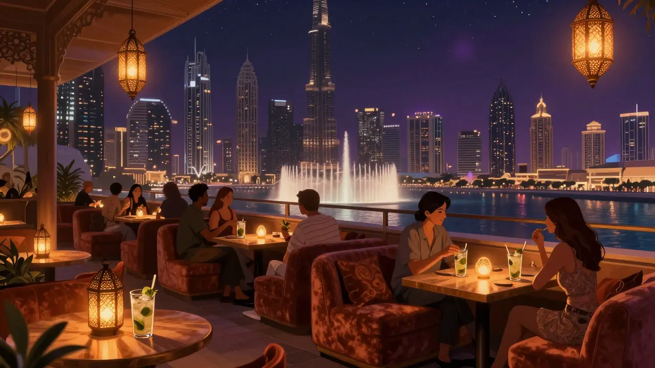 A cozy Moroccan-inspired rooftop bar with lanterns, velvet seating, and the Dubai Fountain sparkling in the distance under a starry night sky.