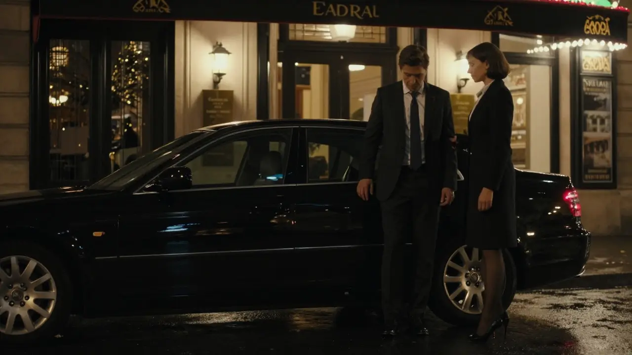 A discreet car pickup at a Paris hotel, client and companion meeting under soft neon lights at night.