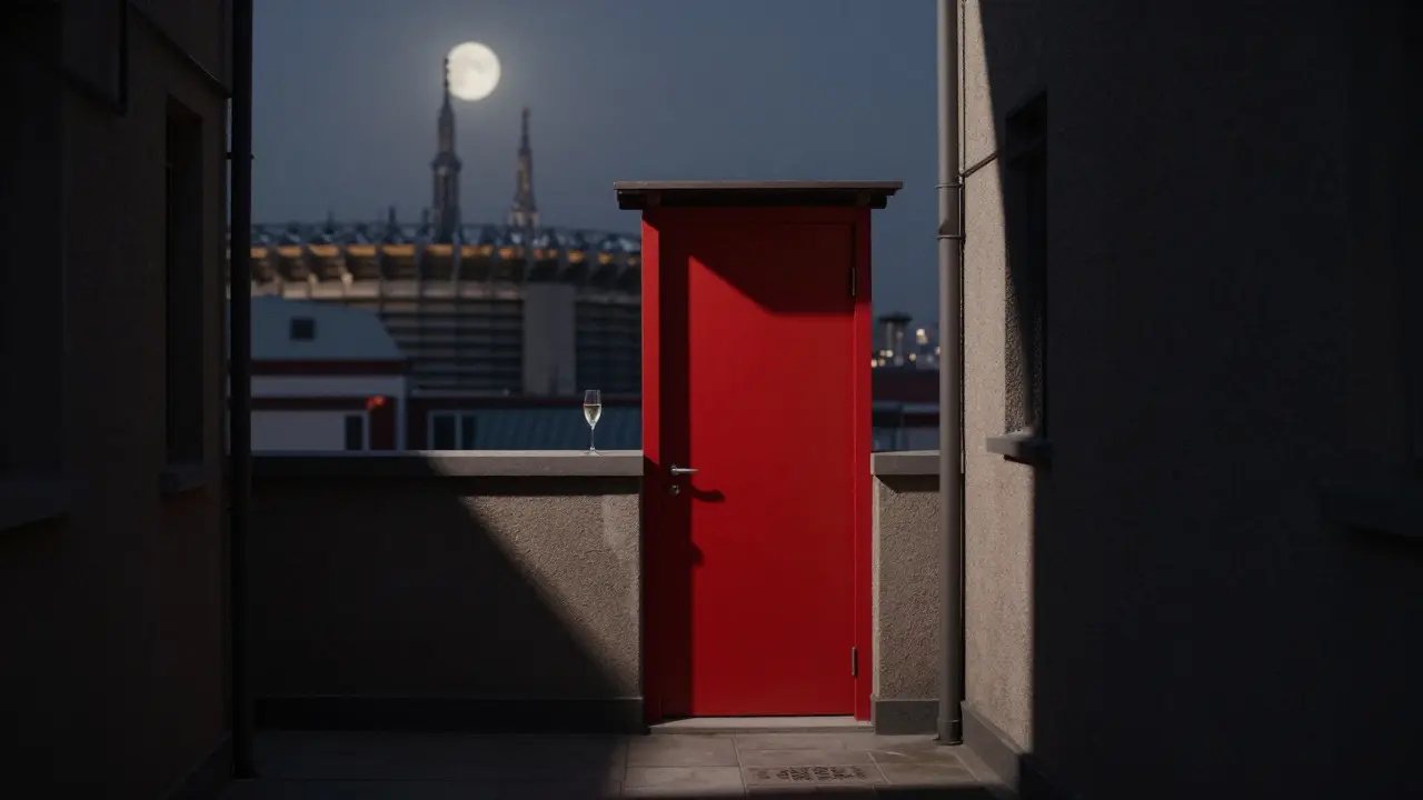 A hidden rooftop bar in Milan, marked only by a single red door under the city skyline.