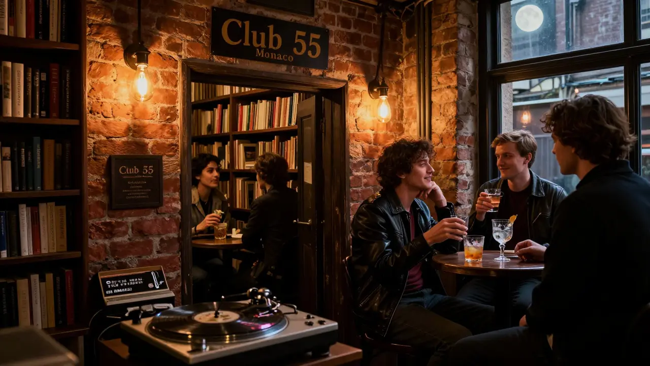 A hidden underground club with exposed brick walls and a vintage turntable playing vinyl, lit by warm Edison bulbs.