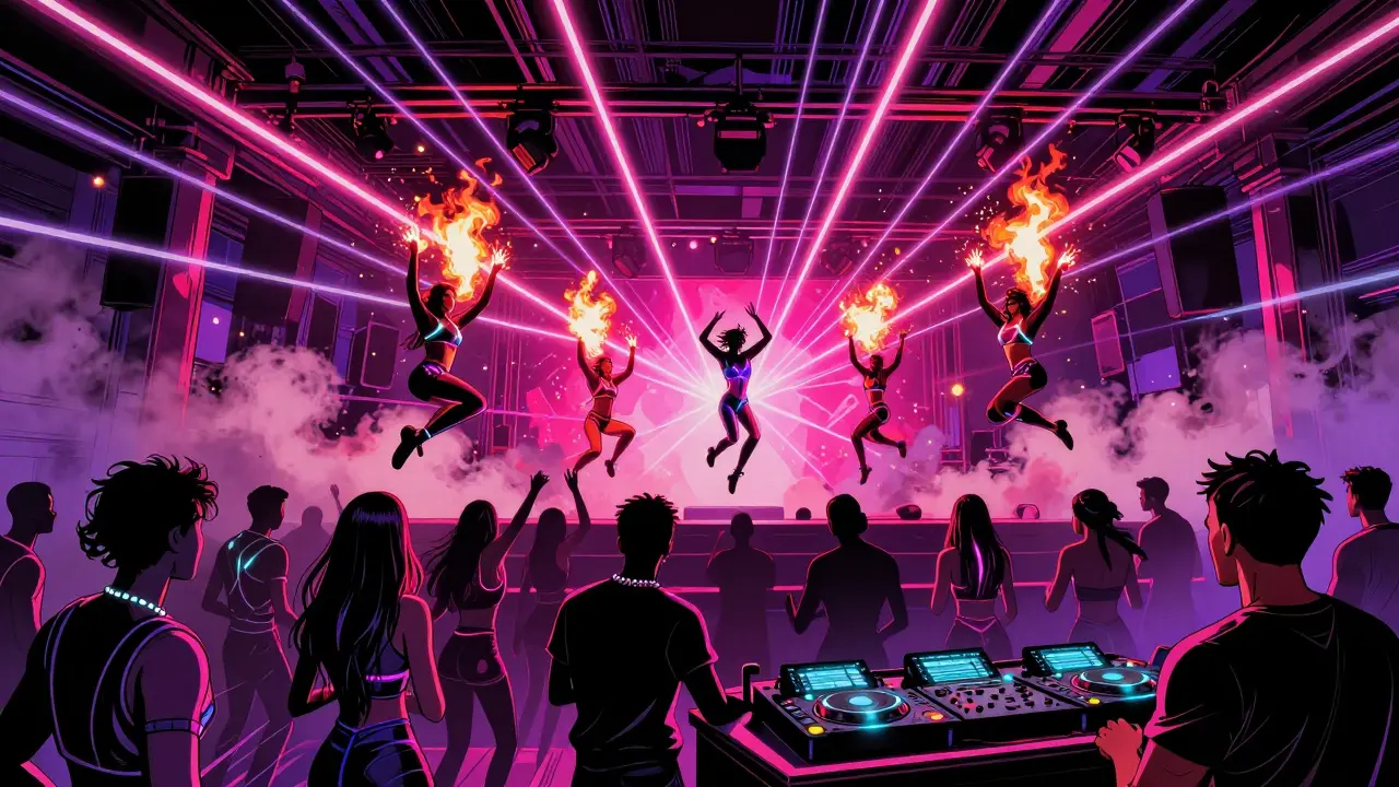 A high-energy nightclub with lasers, fire dancers, and a crowd dancing under pulsing neon lights.