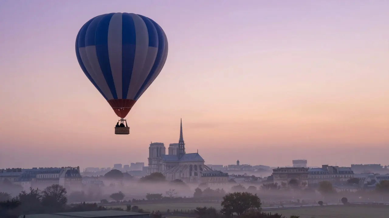 A hot-air balloon floats over the Paris countryside at dawn, two figures inside sharing a quiet moment.
