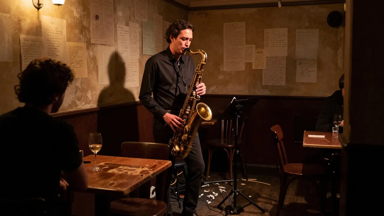 A jazz musician playing in a cozy Paris club, with a lone listener and handwritten poems on the walls.