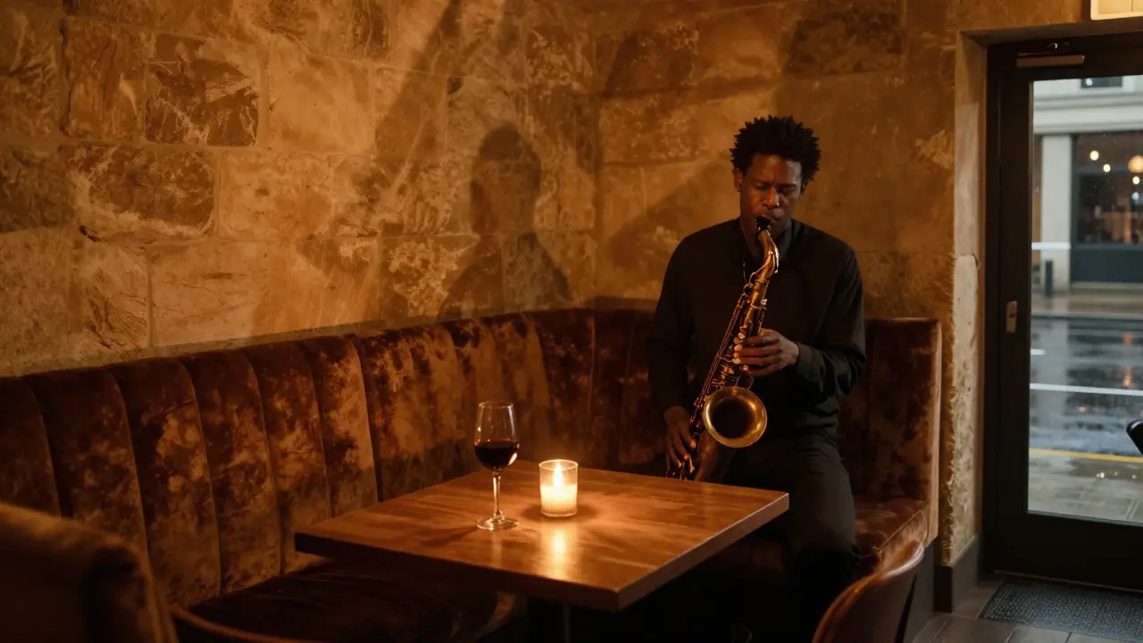 A jazz musician playing in a dimly lit basement venue, surrounded by velvet seats and candlelight.