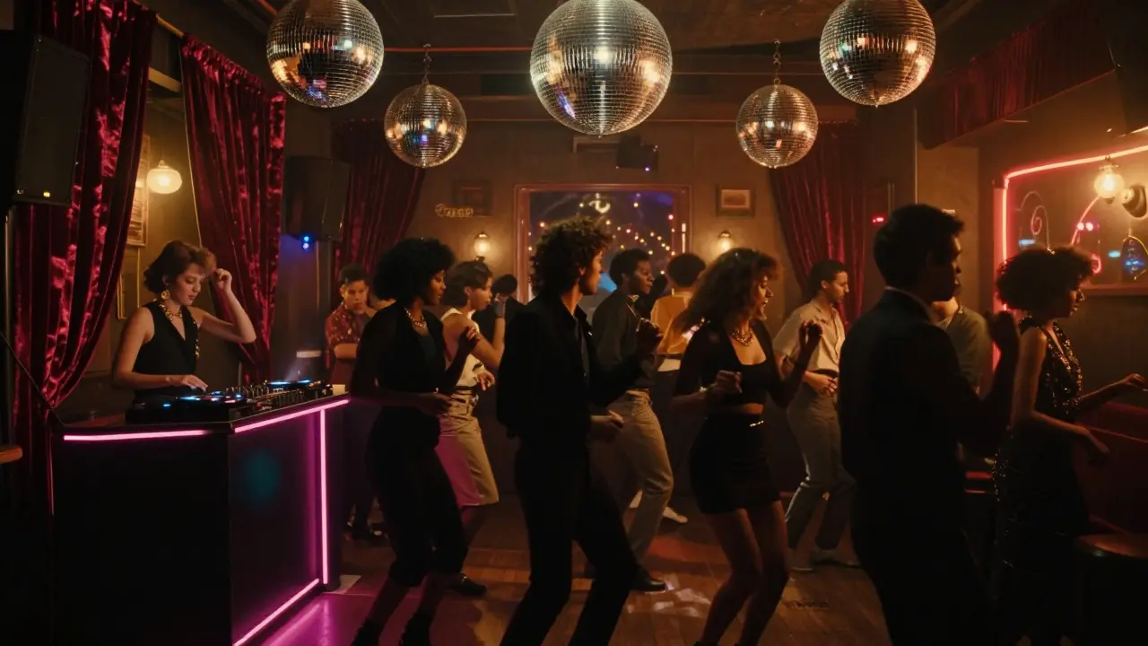 A lively crowd dancing in a glamorous nightclub with velvet decor and glowing disco lights.