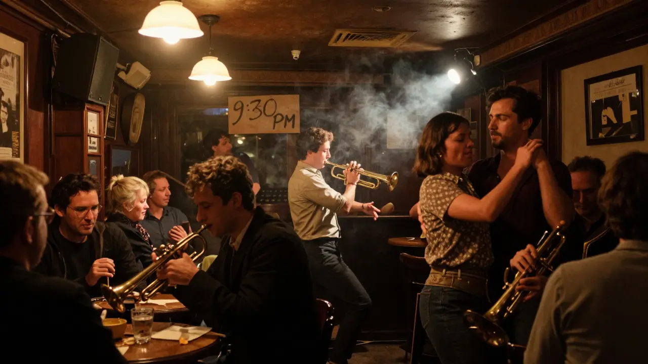 A lively jazz cellar in Paris with musicians playing under flickering lights and smoke-filled air.