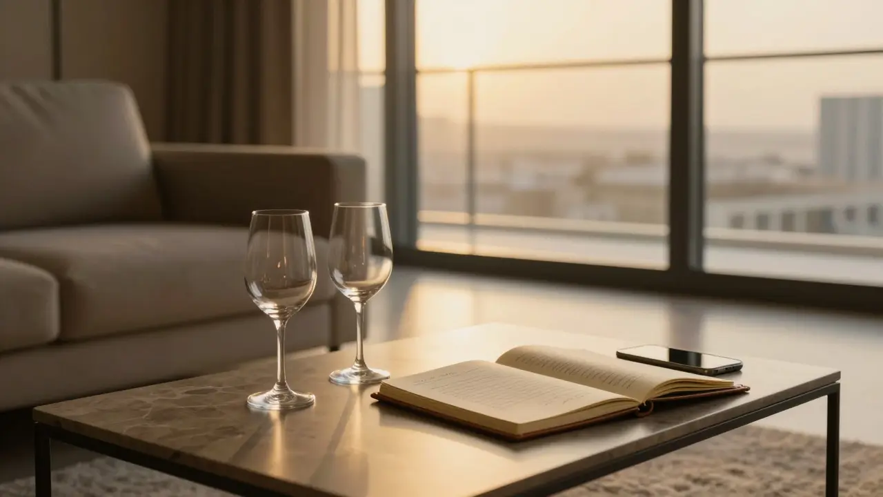 A luxurious Dubai apartment interior with wine glasses and a handwritten agreement, no people present.