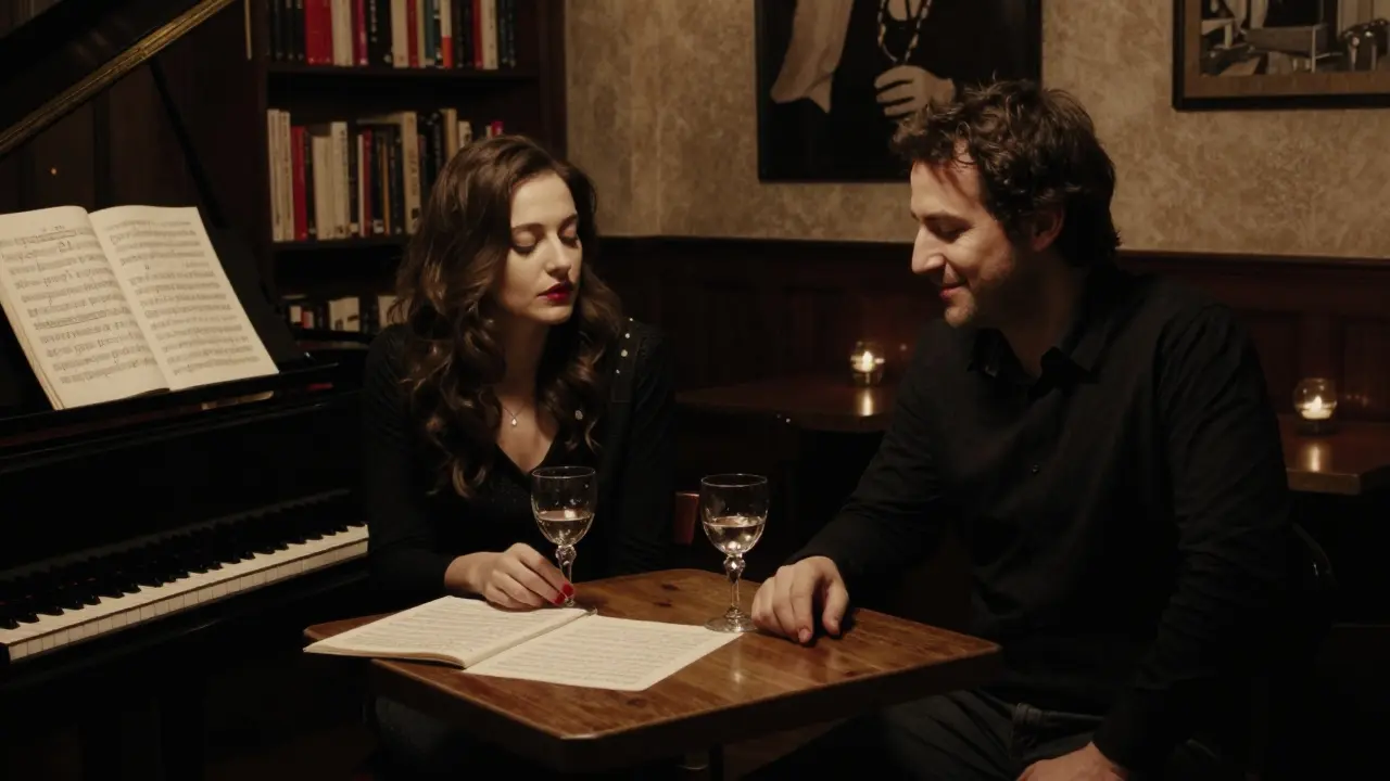 A man and woman enjoy jazz in a dimly lit bookstore lounge, glasses of wine before them, bathed in warm amber light.