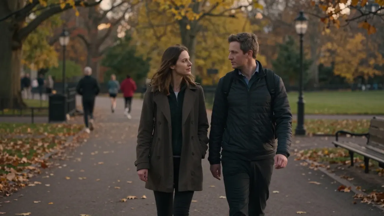 A man and woman walk side by side through Hyde Park at dusk, lost in thoughtful silence.