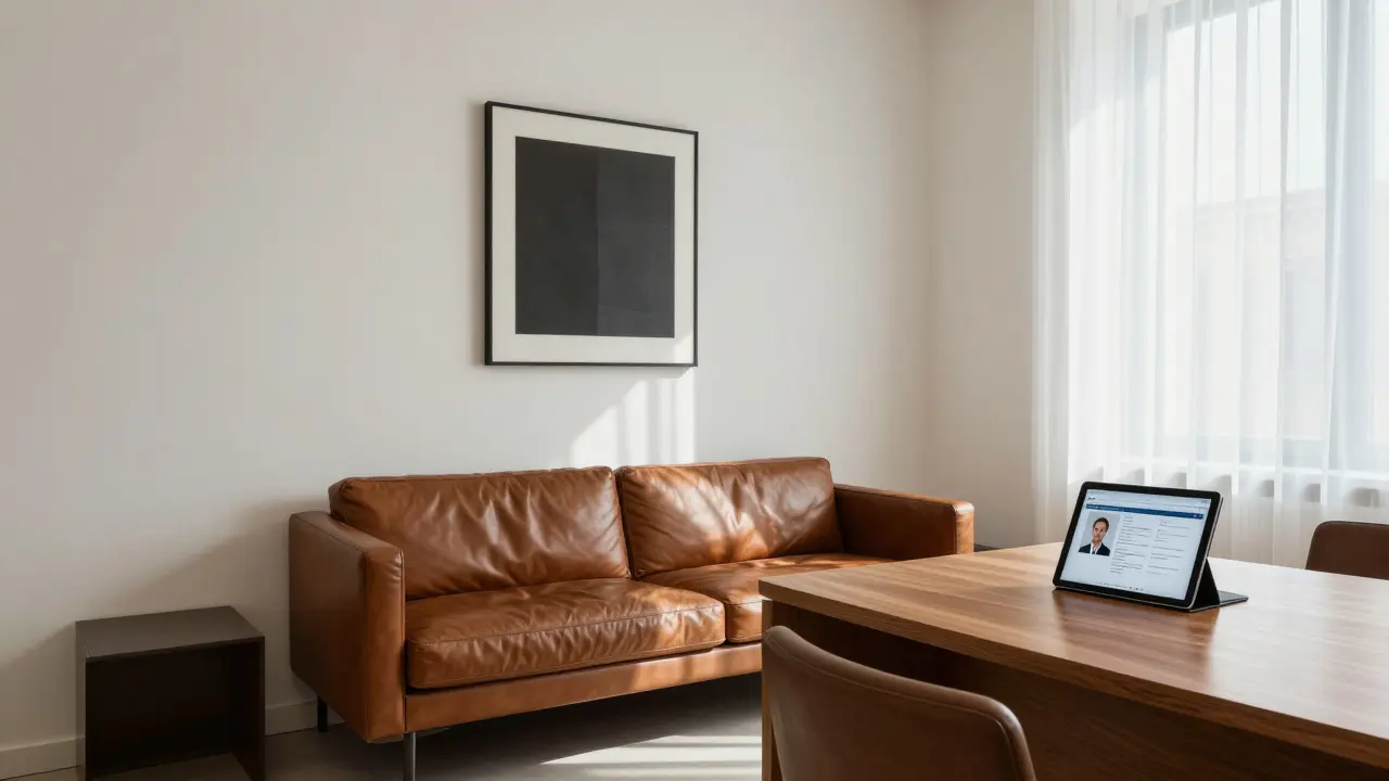 A minimalist, upscale companion service waiting area with no visible advertising.