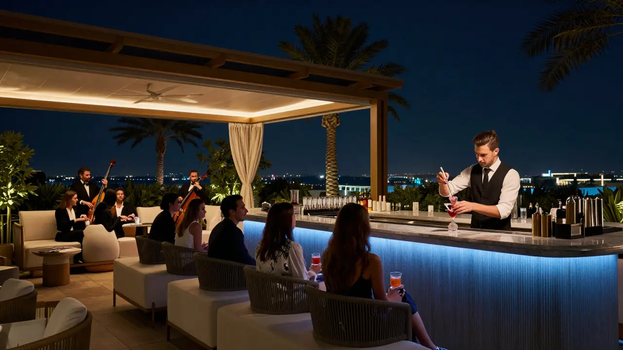 A mixologist preparing a signature cocktail at a chic rooftop bar with live jazz in the background.