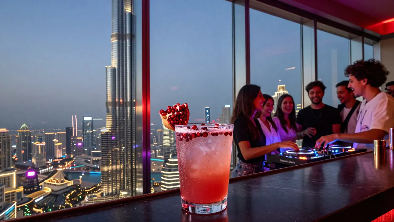 A modern rooftop bar with an unobstructed view of Burj Khalifa, guests sipping colorful cocktails as a DJ plays and city lights pulse around them.