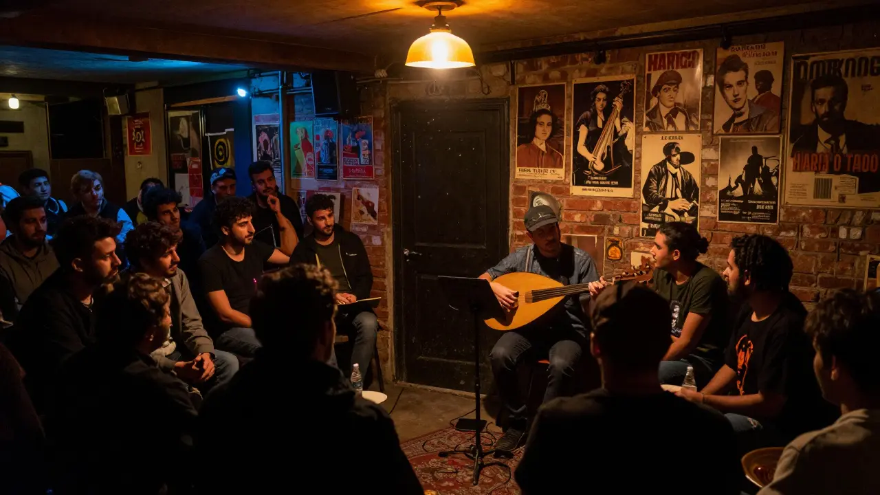 A musician playing oud in a dim basement venue surrounded by locals.