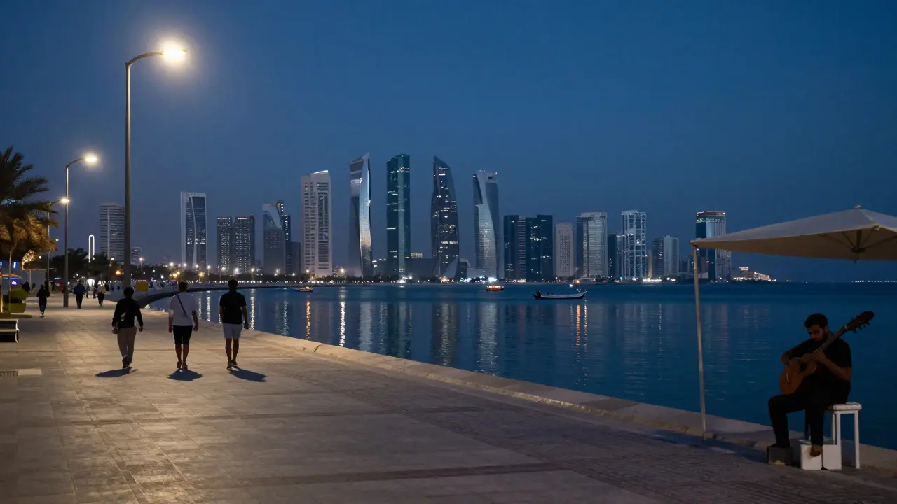 A peaceful night walk along Abu Dhabi's waterfront promenade with reflections of the skyline in the water.