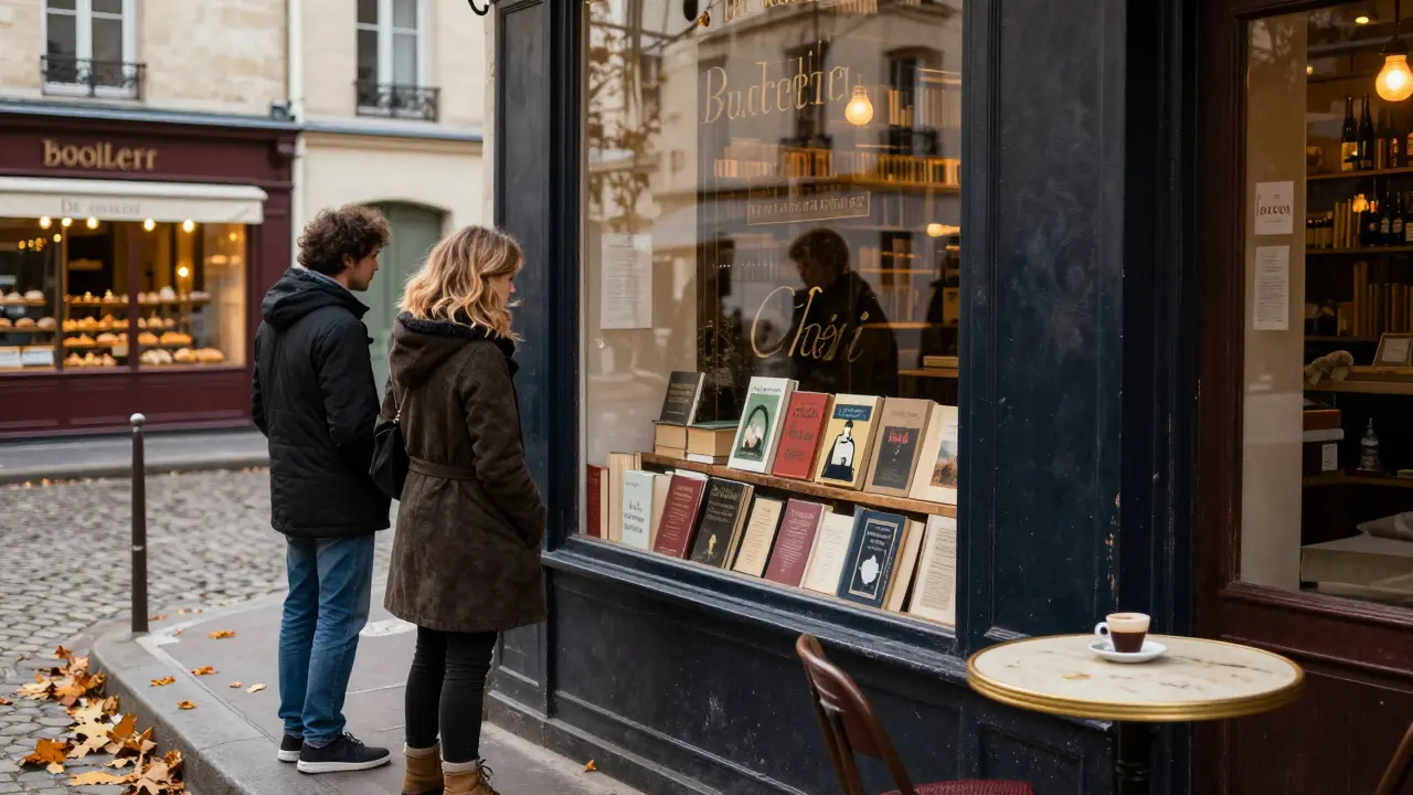 A person and companion pause before a bookshop window, reflecting a classic French novel.