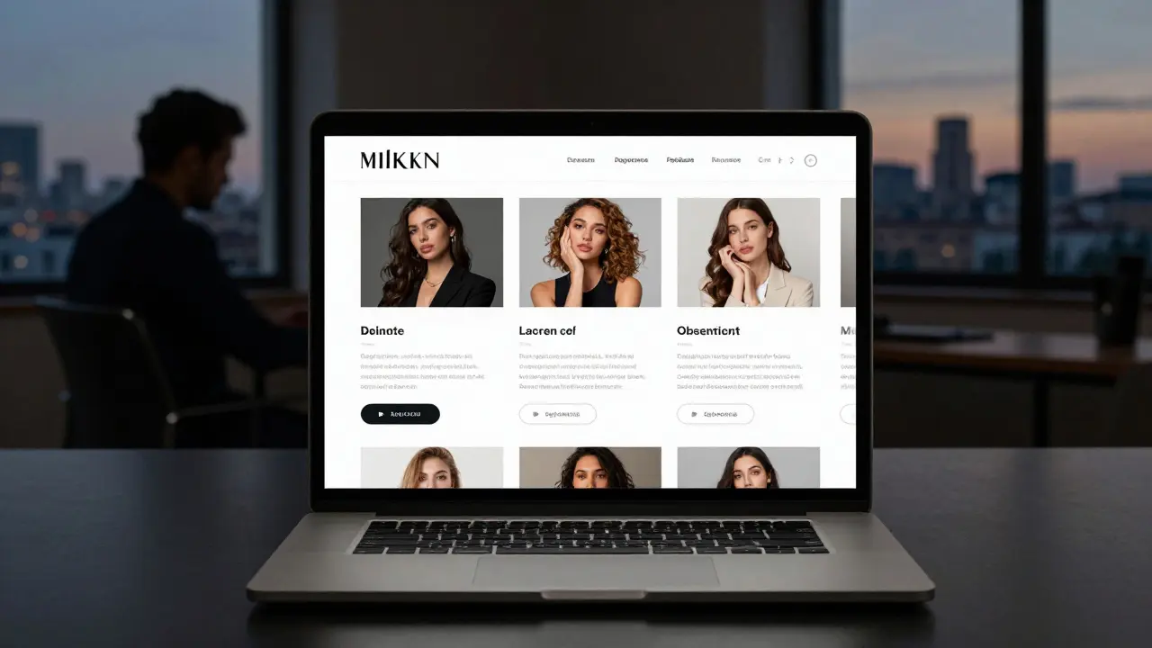 A professional escort agency website on a laptop, showing detailed profiles and client reviews in a modern Milan setting.