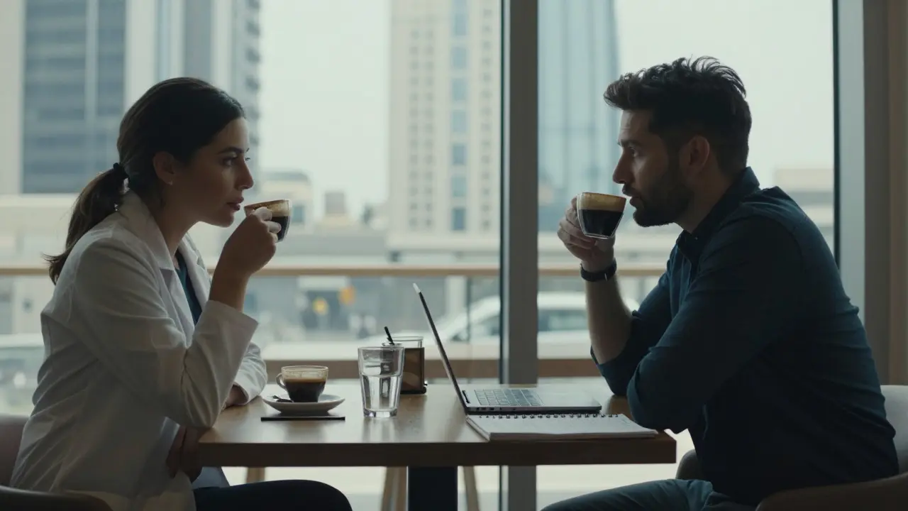 A professional woman and man sharing a thoughtful morning conversation in a calm Dubai café.