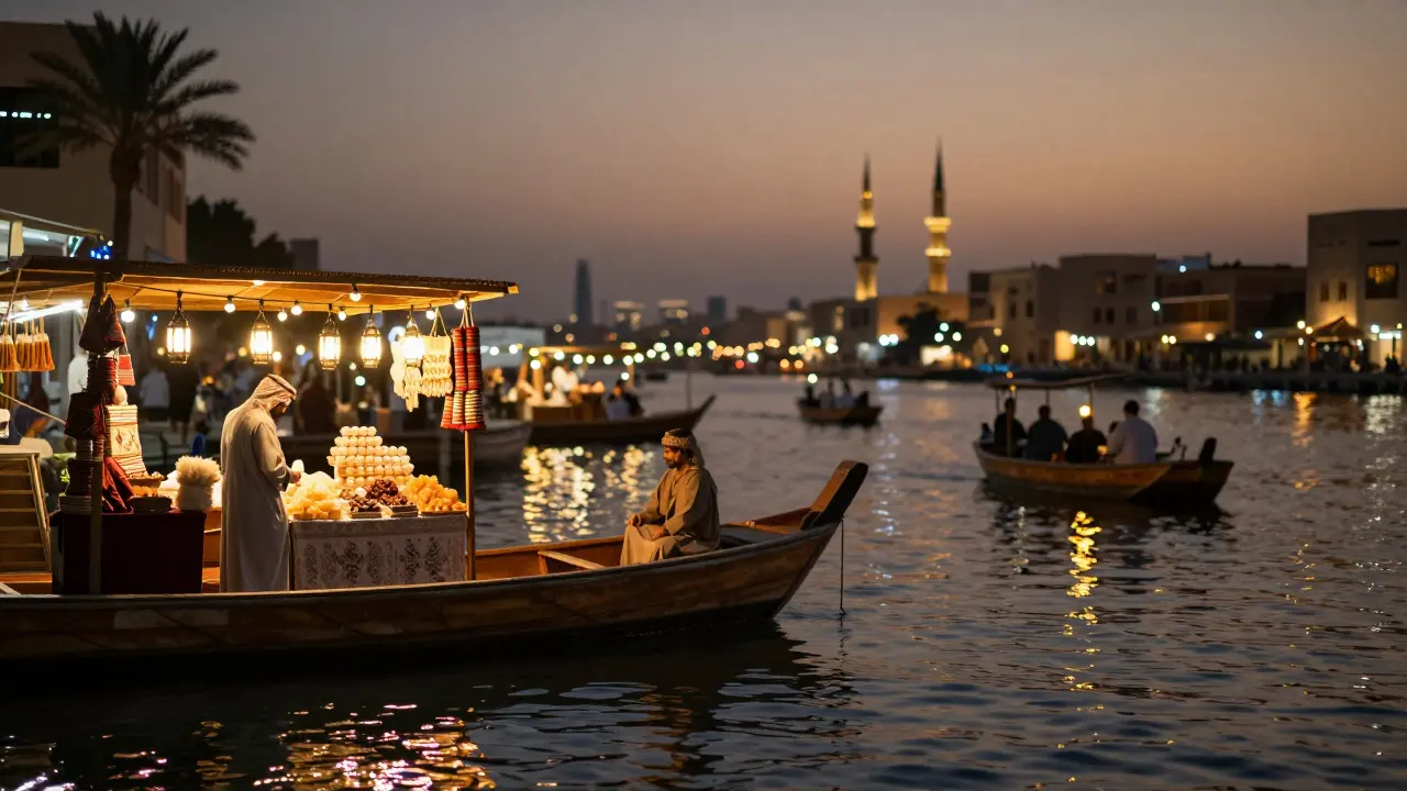 A quiet night market on Dubai Creek with lantern-lit boats and vendors under soft glowing lights.