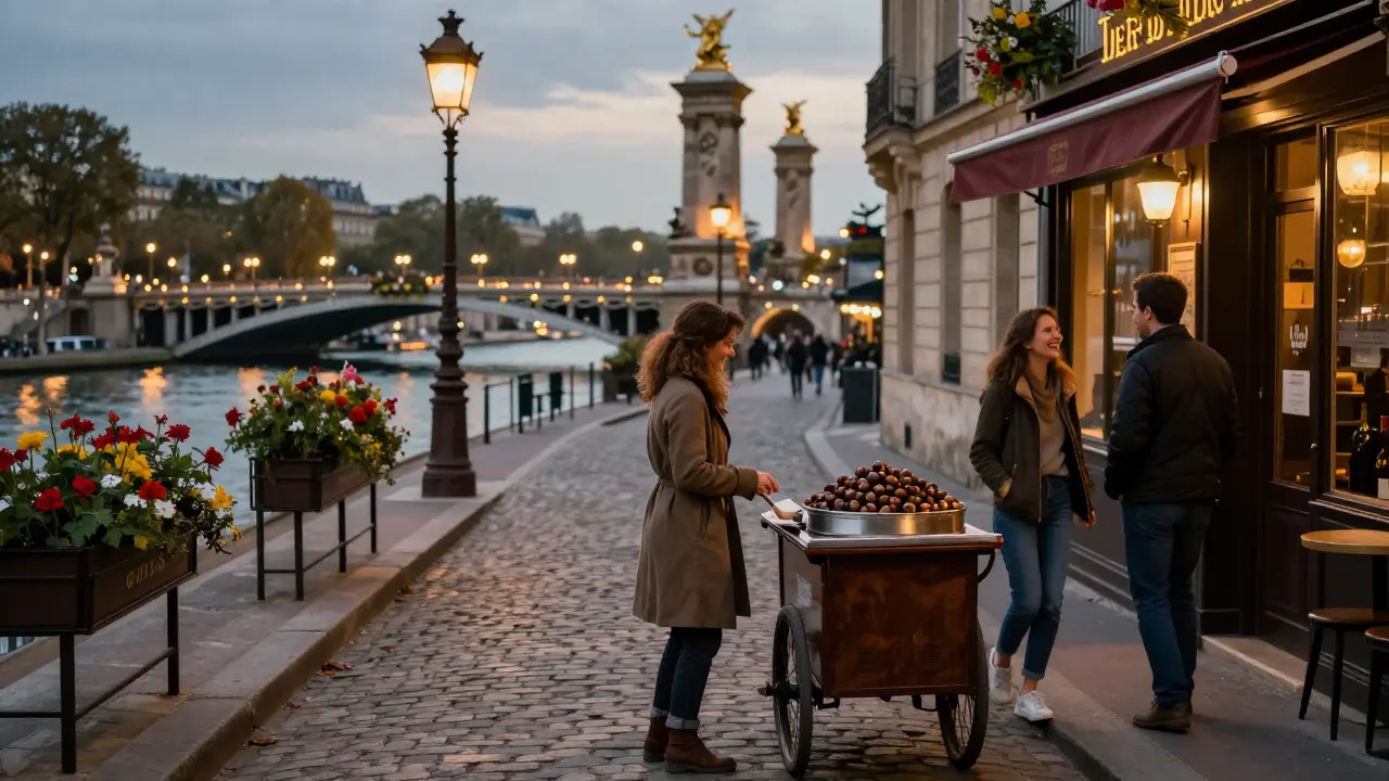 A quiet Paris street at night with chestnut vendor and glowing bridge reflection over the Seine.