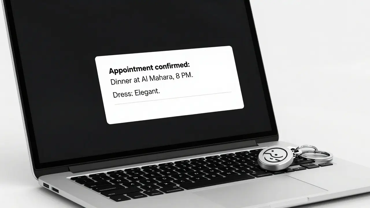 A sleek laptop displays a discreet booking confirmation for a private dinner, with no faces or text visible.