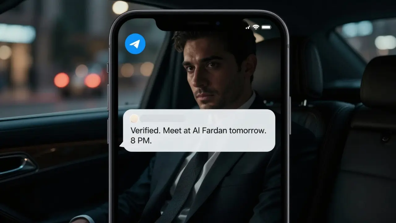 A smartphone screen showing an encrypted message, reflected in a man's eyes in a dark luxury car.