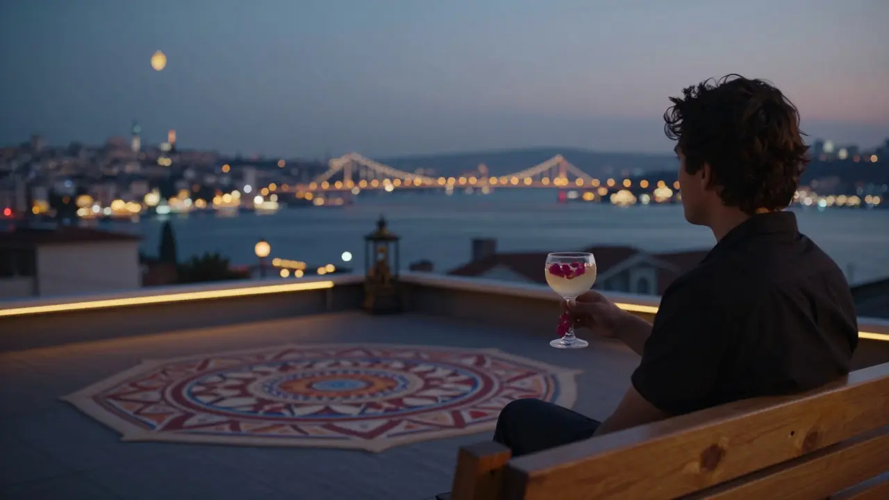 A solitary person on a rooftop bar overlooking Istanbul's Spice Bazaar, holding a rosewater cocktail at twilight.