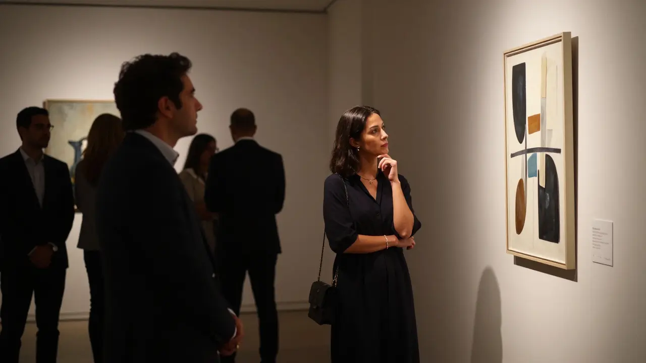 A sophisticated woman and client observe modern art together at a private gallery event in Abu Dhabi.