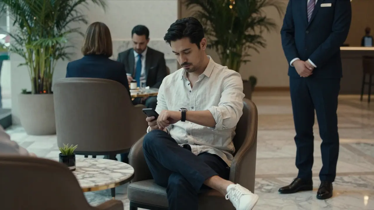 A well-dressed man waits calmly in a luxury hotel lobby as an escort recognizes him across the room.