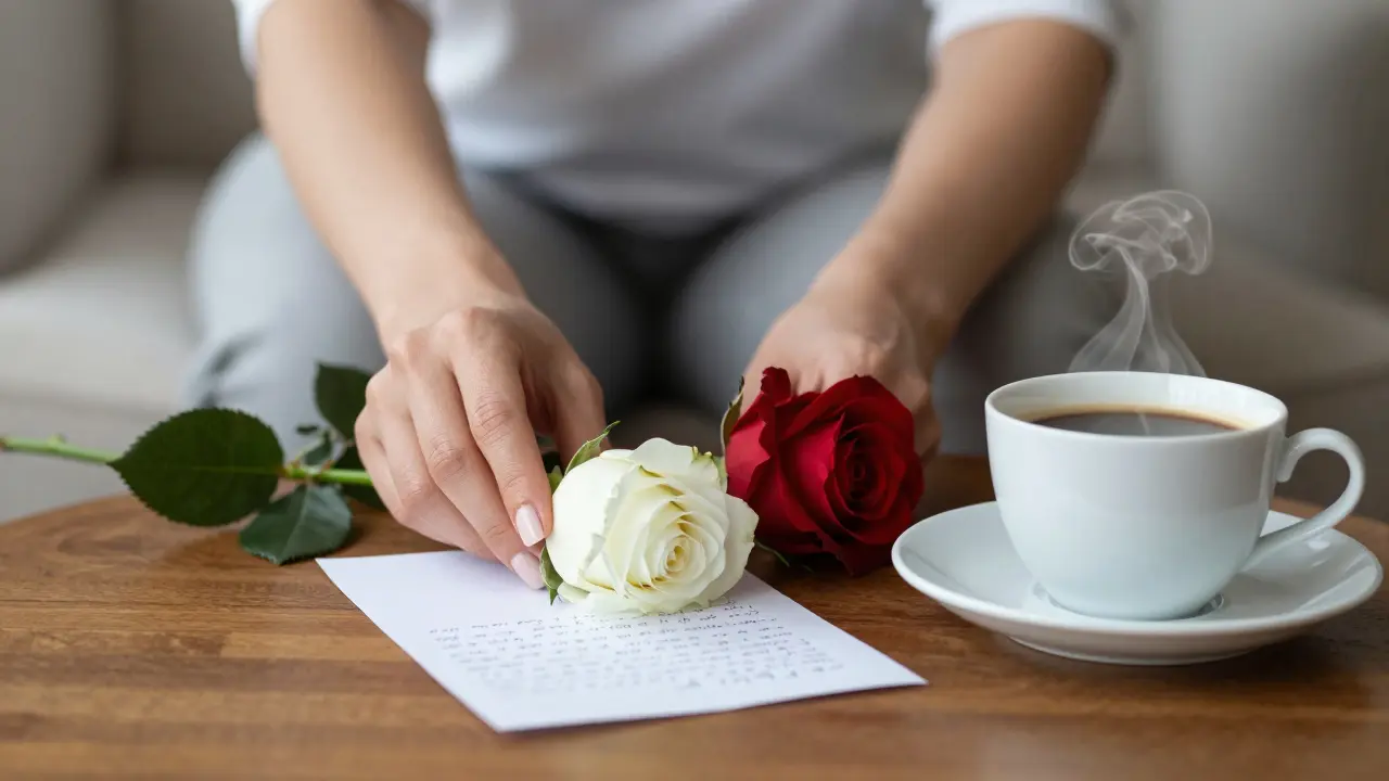 A woman's hands place a white rose beside a cup of coffee and a handwritten note, symbolizing quiet aftercare and respect.