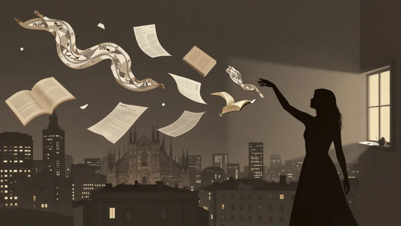 A woman's silhouette dissolving into silk scarves, art books, and documents against Milan's night skyline.