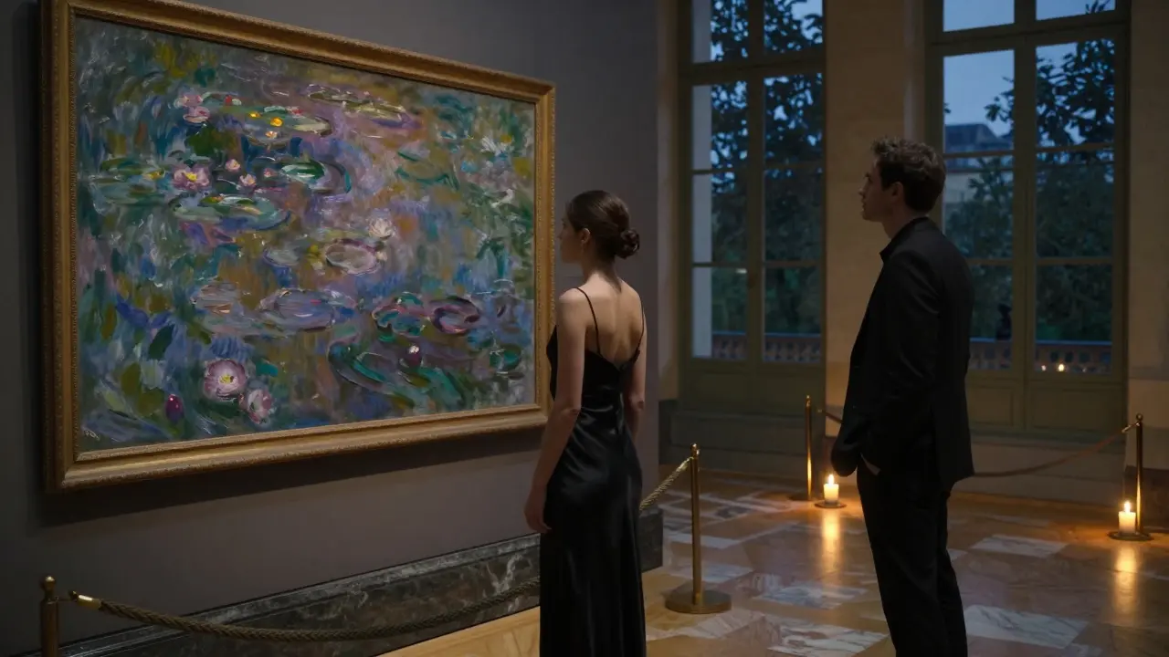 A woman and man viewing a Monet painting in a private museum gallery at night.