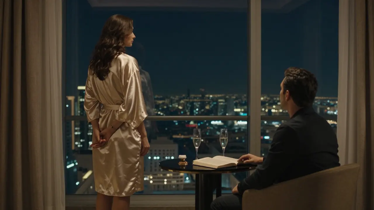A woman gazes at the Abu Dhabi skyline from a luxury hotel suite, while a man sits peacefully nearby with champagne flutes untouched.