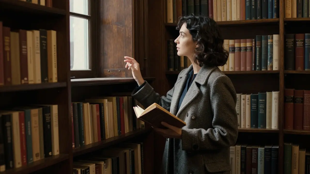A woman in a bookshop in Saint-Germain, gently holding a classic French novel in soft golden light.