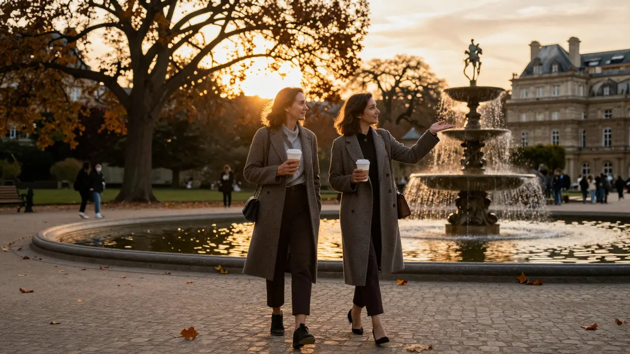 A woman walking through Luxembourg Gardens at sunset with a companion, autumn leaves falling around them.