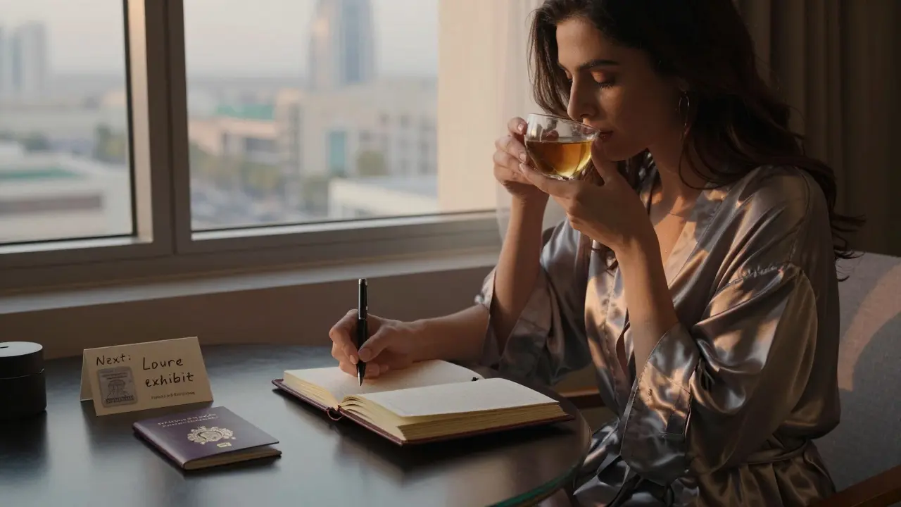 A woman writes in a journal at dawn in a hotel suite, her past and ambitions visible in quiet details.