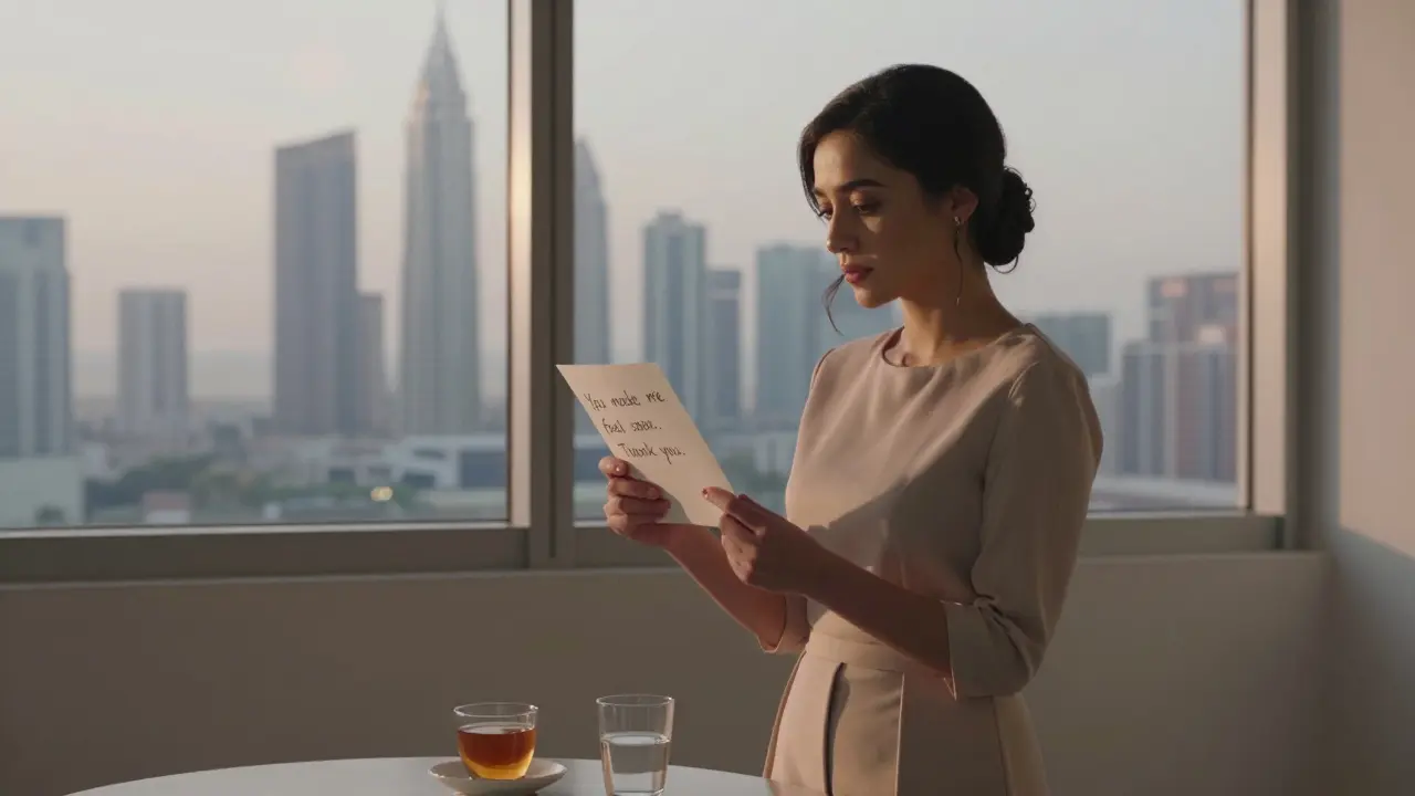 An escort holds a handwritten thank-you note by a window, Dubai skyline glowing behind her in soft dusk light.