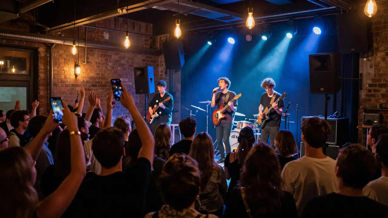 An indie band performs on stage in a historic Paris venue as a diverse crowd cheers under dramatic lighting.