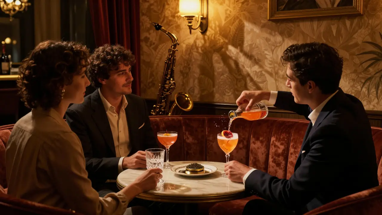 An intimate lounge with velvet couches and crystal glasses, where guests enjoy caviar and cocktails under soft golden lighting.