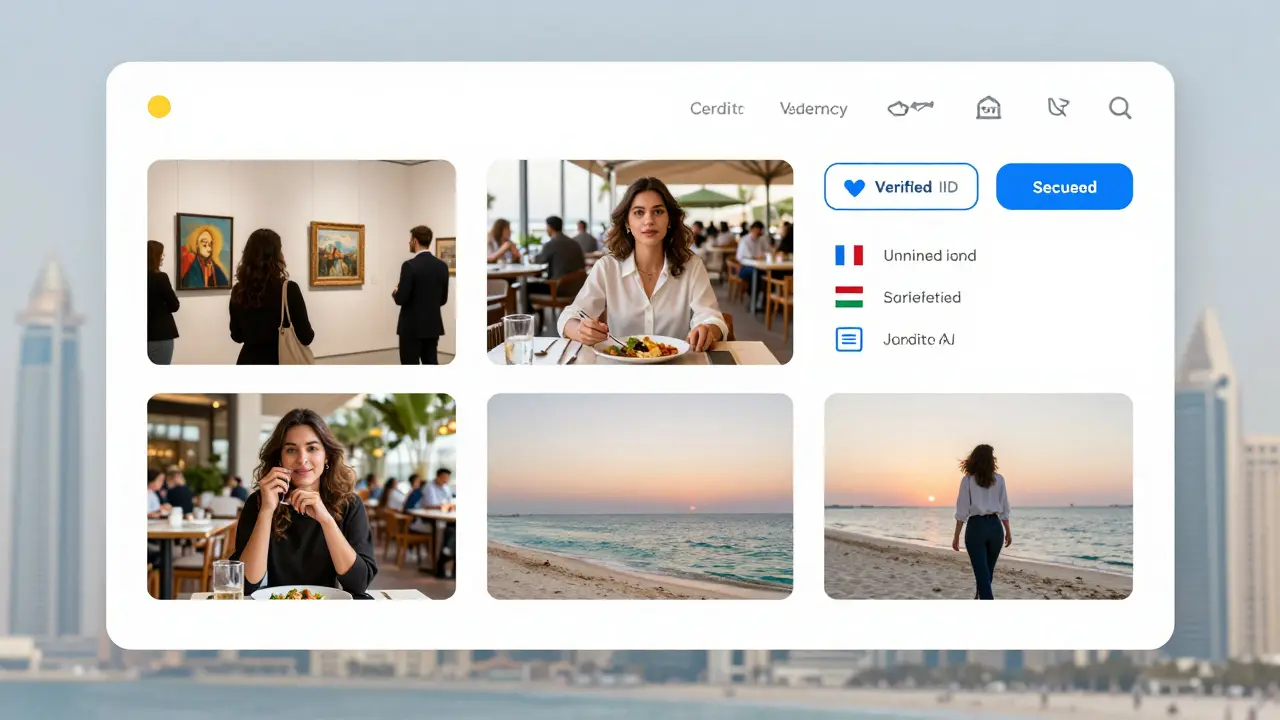 Authentic photos of a companion at art events, dining, and beach walks with verification icons.