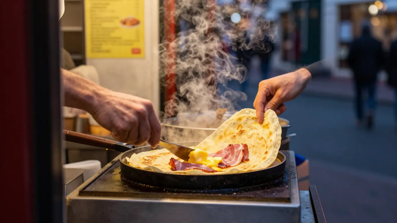 Baker flipping buckwheat galette with ham and cheese in Montmartre