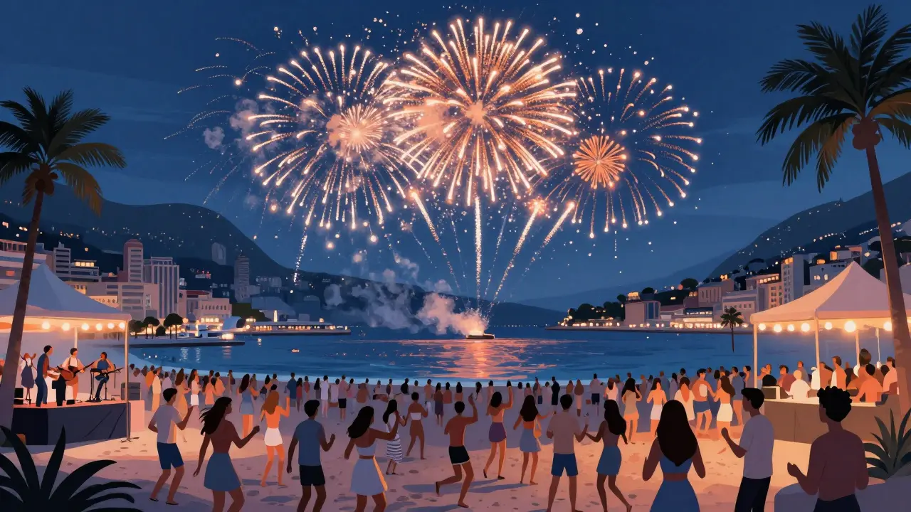 Beach party during Monaco Fireworks Festival with fireworks over the harbor and crowd dancing.
