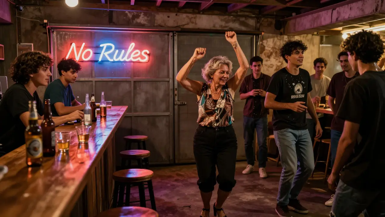 Boğazköy party at 3 a.m. with diverse dancers under neon lights, beer bottles on bar.