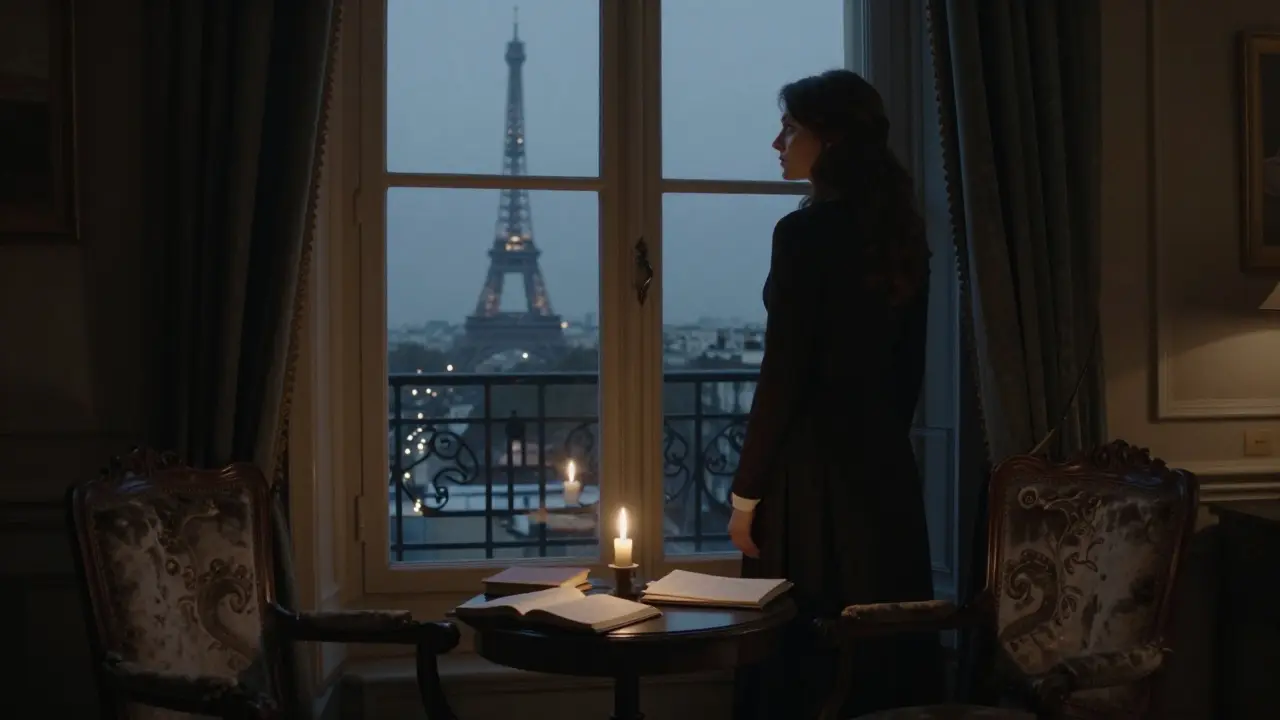 Candlelight illuminates a Parisian apartment interior, with the Eiffel Tower visible through the window.