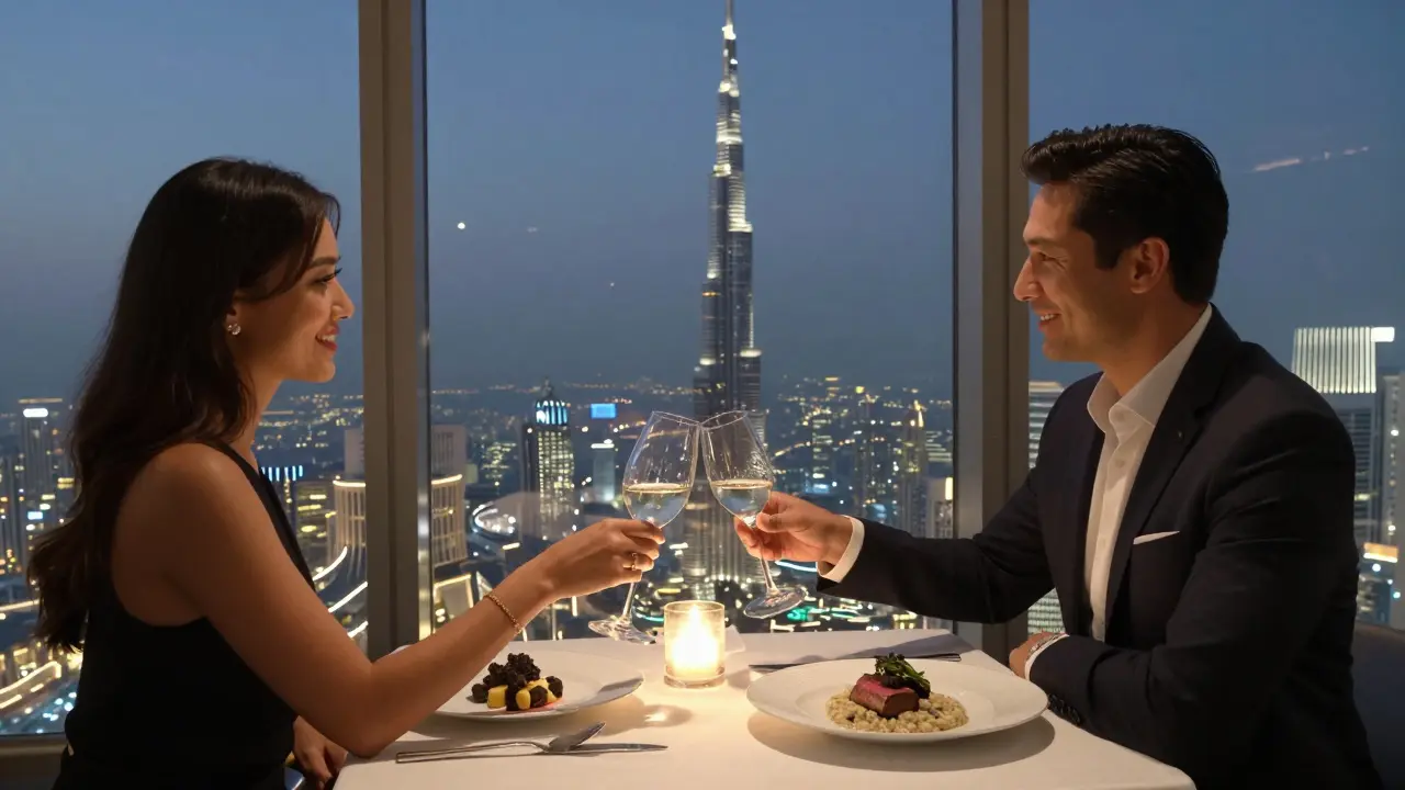 Couples celebrating at At.mosphere with Burj Khalifa views and candlelit fine dining.