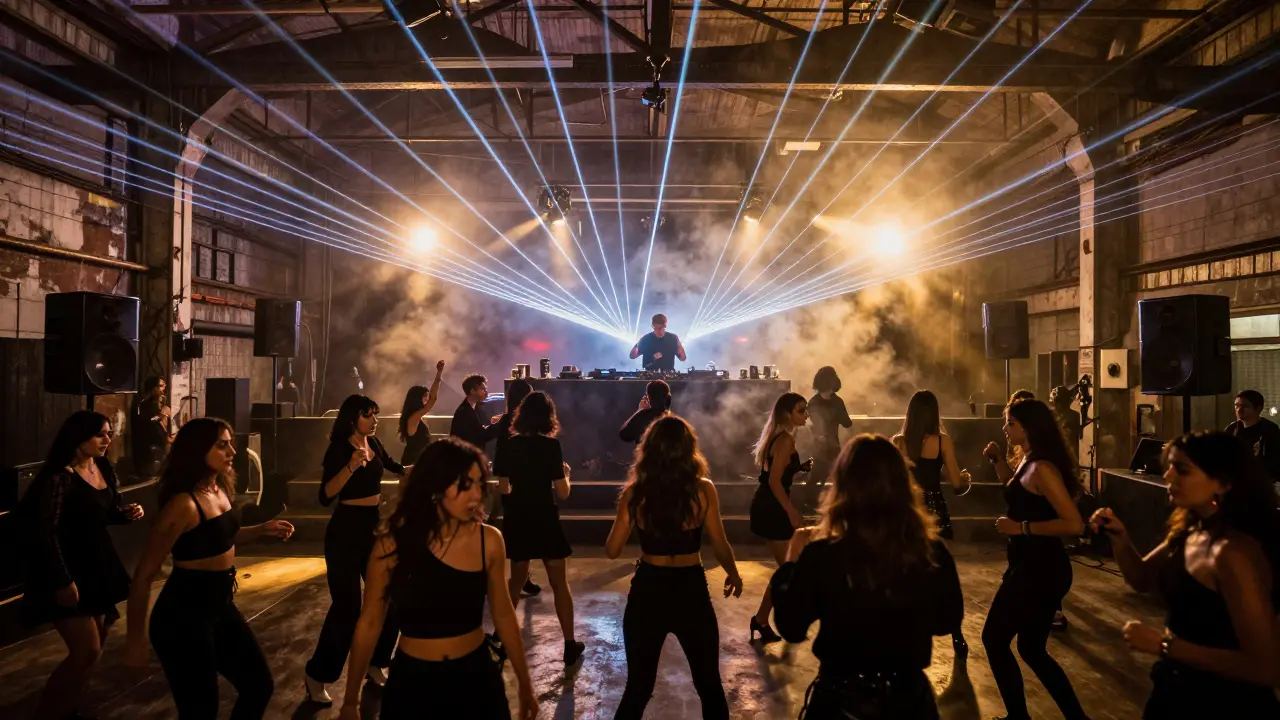 Crowd dancing in Alcatraz club under synchronized lights and lasers, stylish locals in black attire.